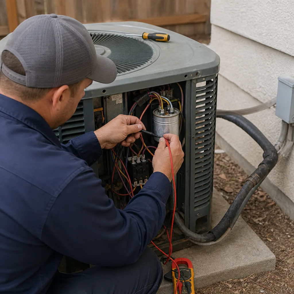 HVAC technician testing air conditioning capacitor with a multimeter