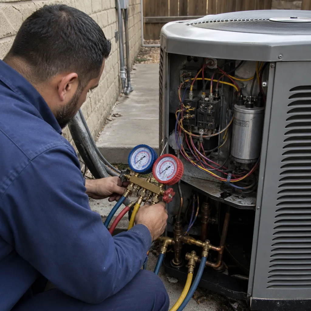 HVAC technician performing professional air conditioning installation and maintenance services
