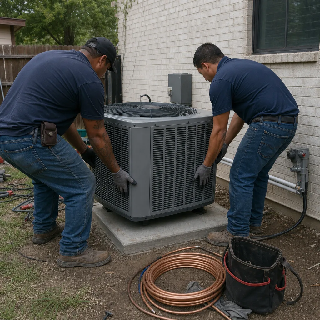 Two professional HVAC technicians installing a residential air conditioning unit outside.