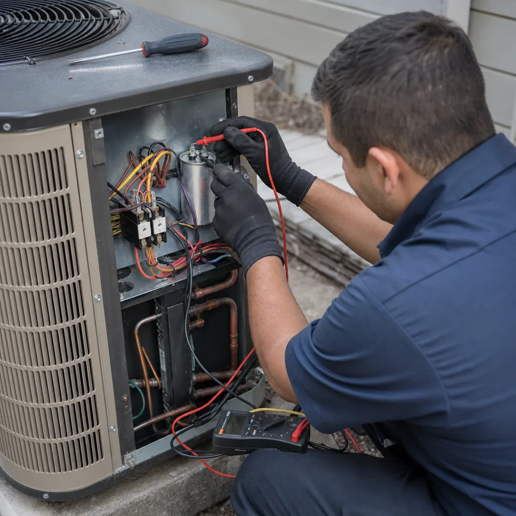 HVAC technician testing an air conditioning capacitor with a digital multimeter