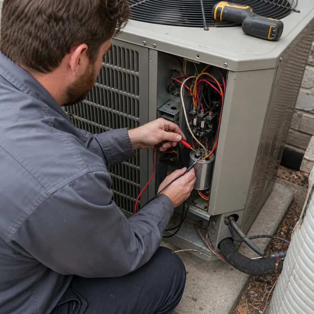 HVAC technician performing AC repair by testing unit capacitor