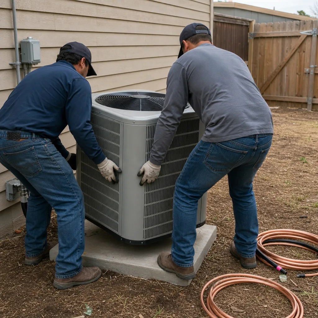 Two technicians installing an outdoor residential air conditioning unit