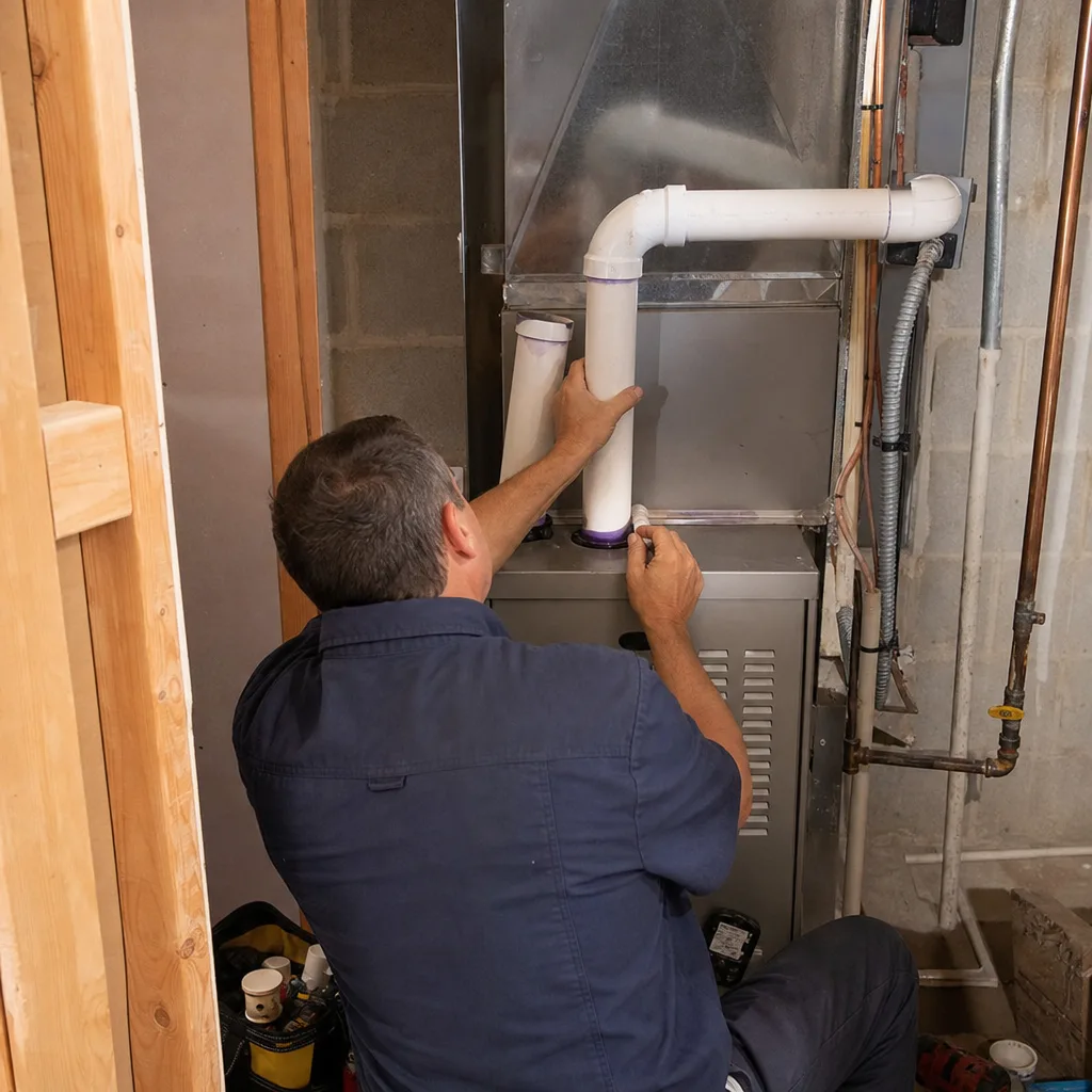 HVAC technician installing furnace PVC exhaust pipes during a system repair