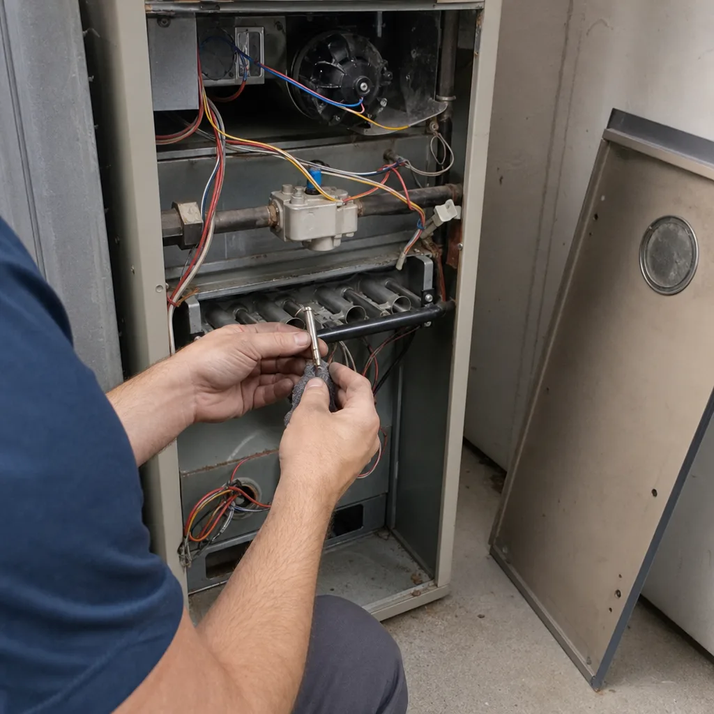 HVAC technician performing furnace maintenance and cleaning a flame sensor
