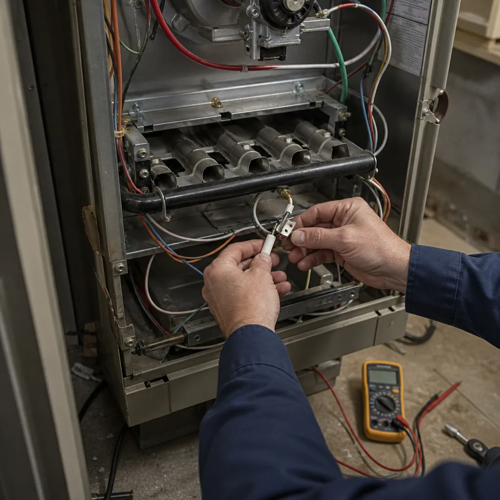 HVAC technician repairing a furnace unit in a residential home